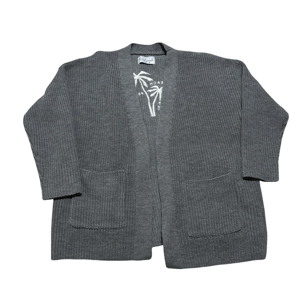 The Beach People Cardigan Sweater Cover Up Women's Sz M/L Gray Embroidered Palms